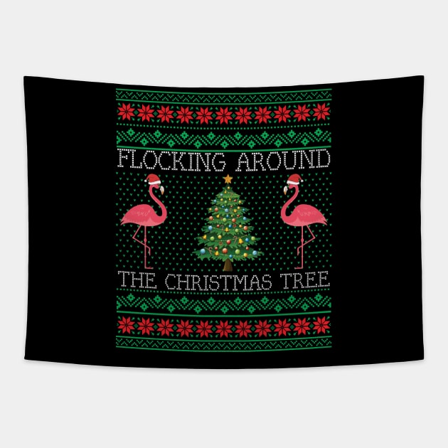 Funny Christmas Flamingo Ugly Christmas Sweater Tapestry by mrsmitful01