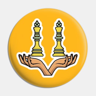 Chess Pieces King on hands sticker design vector illustration. Sport board game object icon concept. King chess and hands sticker design logo icons with shadow. Pin