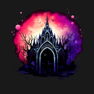 Cool Dark Goth Castle Neon Colors Rave Design T-Shirt