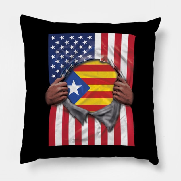 Catalonia Flag American Flag Ripped - Gift for Catalan From Catalonia Pillow by Country Flags