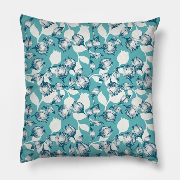 Vintage Blue Tulip Floral Pattern Pillow by FlinArt