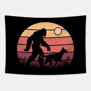 Bigfoot Walking Belgian Malinois Dog Vintage Hiking Dog Tapestry