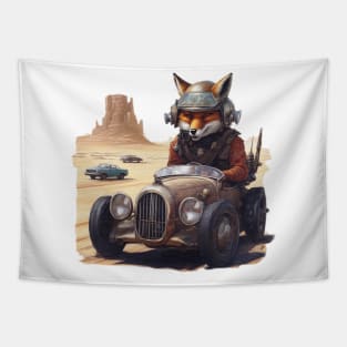 a Fox racing a car across the desert Tapestry