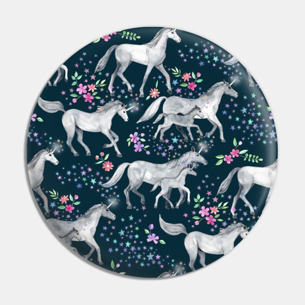 Unicorns and Stars on Dark Teal Pin by micklyn