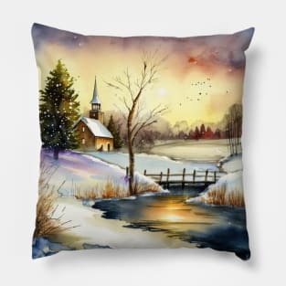 Chritsmas Snow Winter Watercolor Landscapes series 16 Pillow