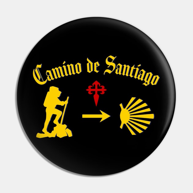 Camino de Santiago de Compostela male pilgrim with Yellow Arrow Scallop Shell Red Cross Pin by Brasilia Catholic