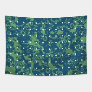 Abstract Blue Floral Polka Dots on Green Tapestry