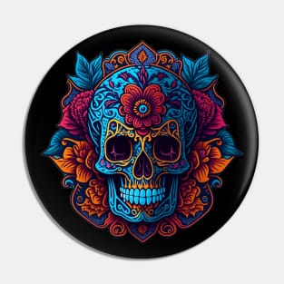 Blossoms of Serenity: Colorful Blue Flower Sugar Skull Artwork Pin