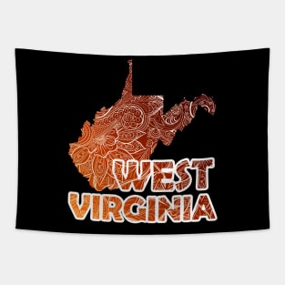 Colorful mandala art map of West Virginia with text in brown and orange Tapestry