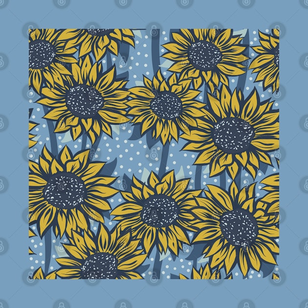 Blue and Yellow Sunflowers on a Blue Background with Polka Dots Repeat Pattern by NattyDesigns