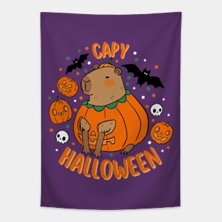 Happy Halloween a cute capybara in a pumpkin for Halloween Tapestry