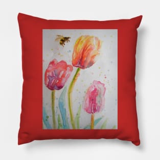 Tulip Watercolour Painting Bumble Bee Pillow