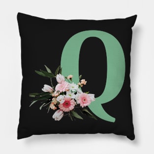 Letter Q green with colorful flowers Pillow