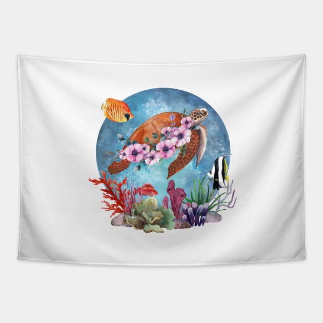 Sea Turtle Flowers Coral Reef Stickers (2) Tapestry by candiscamera