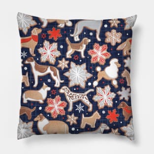 Catching ice and sweetness // pattern // navy blue background gingerbread white brown grey and dogs and snowflakes neon red details Pillow