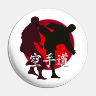 Silhouette of a Karate Fight, Japanese Flag in Background Pin