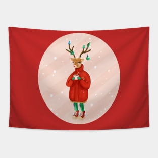 Christmas Deer Drinking cacao Tapestry