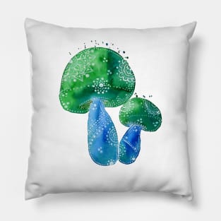 Blue and Green Primitive Mushrooms Pillow