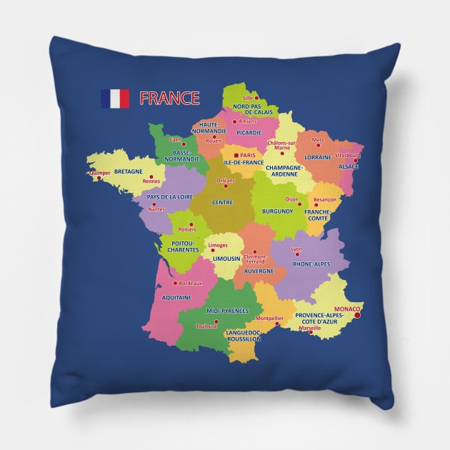 Administrative Map of France Pillow by AliJun