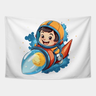 cartoon little boy riding a rocket Tapestry