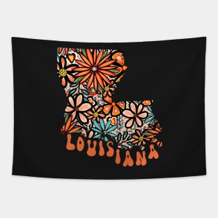 Louisiana State Design | Artist Designed Illustration Featuring Louisiana State Outline Filled With Retro Flowers with Retro Hand-Lettering Tapestry