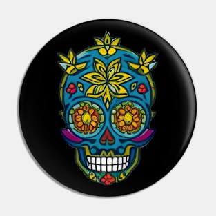 Enchanted Garden: Sugar Skull Art - Blue Delight with Vibrant Green Vegetation Pin