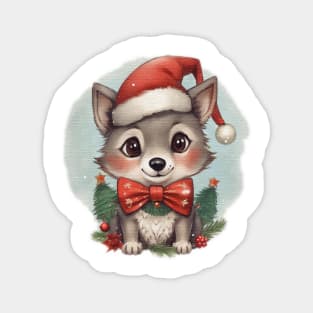 cute little Wolf cub wearing a santa hat Magnet