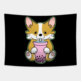 Cute Corgi With Strawberry Bubbletea Tapestry