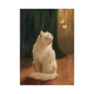 Painting of a white cat looking at butterflies T-Shirt