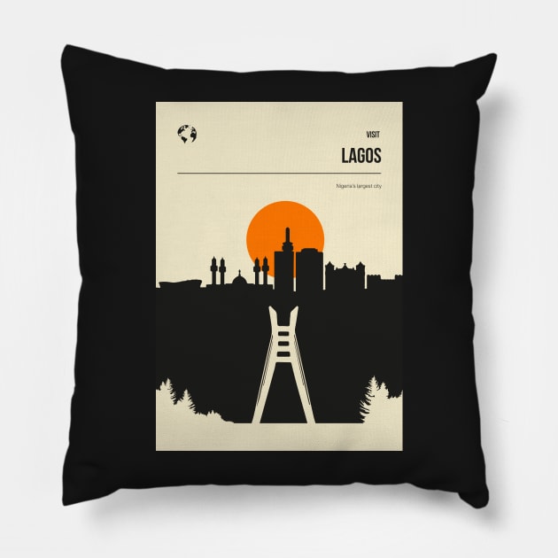 Lagos Nigeria Vintage Book Cover Skyline Travel Poster Pillow by jornvanhezik