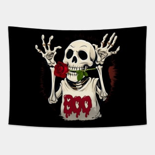 Funny Halloween Skeleton With a Red Rose In Its Mouth Tapestry