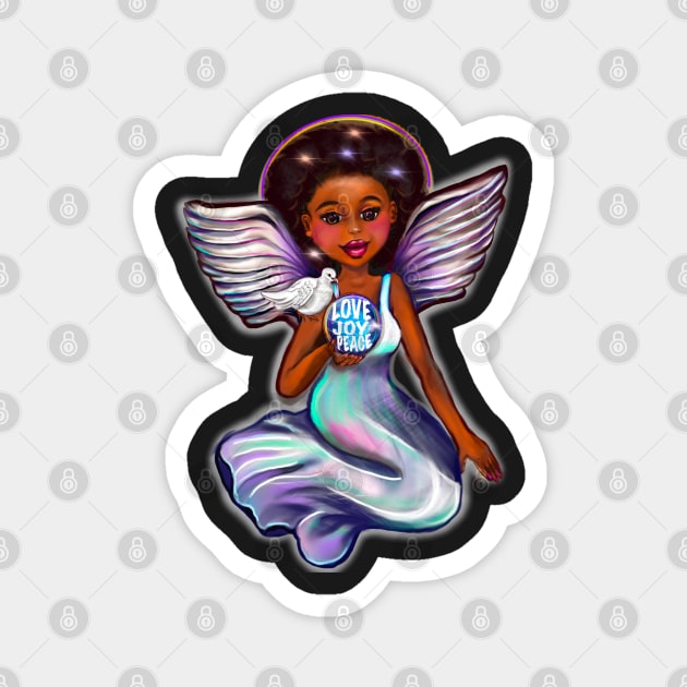Angel with dove love joy and peace iii - Black angel of peace ! With glow, Afro hair, green eyes, Cherry pink lips and dark brown skin. Hair love ! Magnet by Artonmytee
