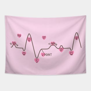 Hand Drawn Electrocardiogram With Pink Hearts Tapestry