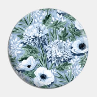 Anemones and Chrysanthemums in Green, Blue and White Pin