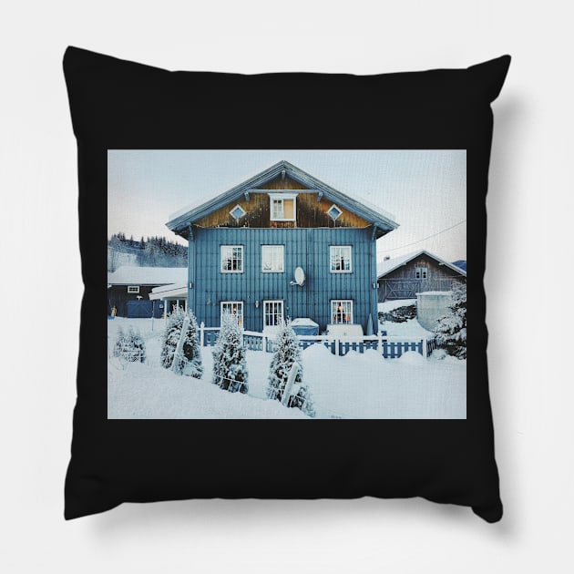 White Christmas - Typical Norwegian Farmhouse With Illuminated Xmas Decoration in Window Pillow by visualspectrum