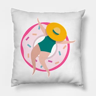 Lady with sunhat sleeping in the doughnut swimming ring Pillow