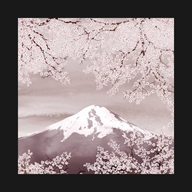 Cherry blossom branch on Fuji Mountain landscape. Watercolor spring Sakura blooming trees. by likapix