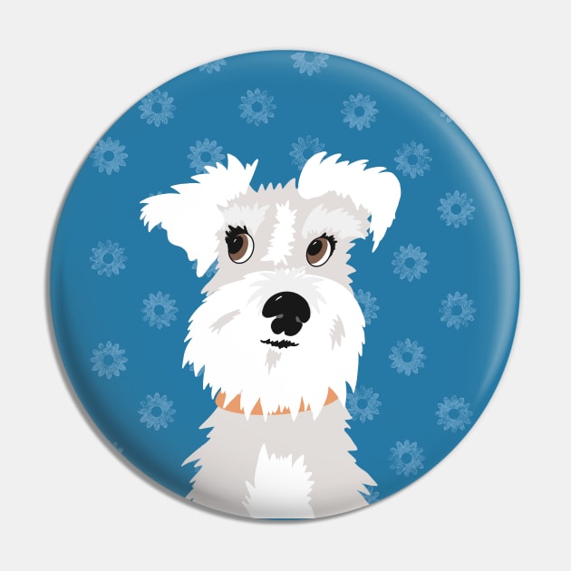 White Miniature Schnauzer Dog with Blue Daisies Pin by NattyDesigns