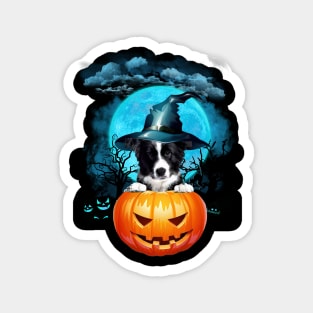 Border Collie Witch Hat Pumpkin And Blue Moon Halloween Magnet