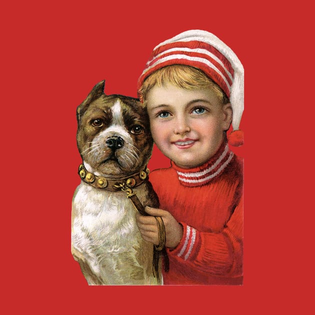 Little boy with Christmas Cap sitting by his pet terrier by RedThorThreads