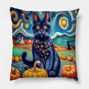 Cat Van Gogh Style Halloween Pumpkins Pillow