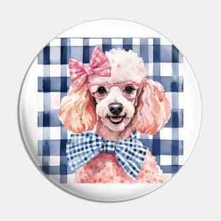 Poodle in pink glasses on blue gingham Pin