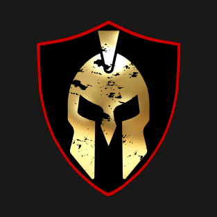 Gold Spartan Warrior Helmet on Black Red Shield T-Shirt