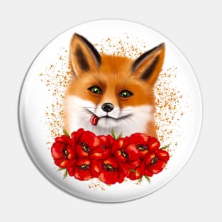 Cute fox face with red poppies Pin