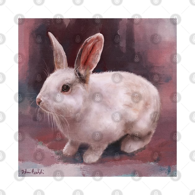 Painting of a Cute Fluffy White Rabbit on a Pink Shaded Background by ibadishi