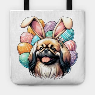 Pekingese Enjoys Easter with Bunny Ears and Eggs Tote