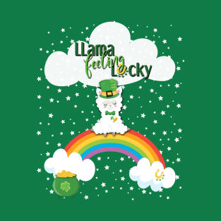 St. Patrick's Day Llama Feeling Lucky , Rainbow, Clouds & Stars on Green T-Shirt