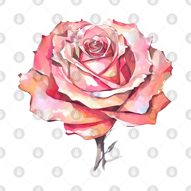 Romantic Orange Pink Hues Isolated Rose Blossom Artistic Watercolor Rose Painting by PetalsPalette