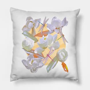 Magnolias and Dragonflies (Yellow Satin) Pillow