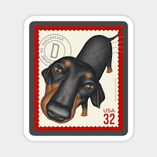 Funny dachshund looking  innocently on red trim stamp Magnet